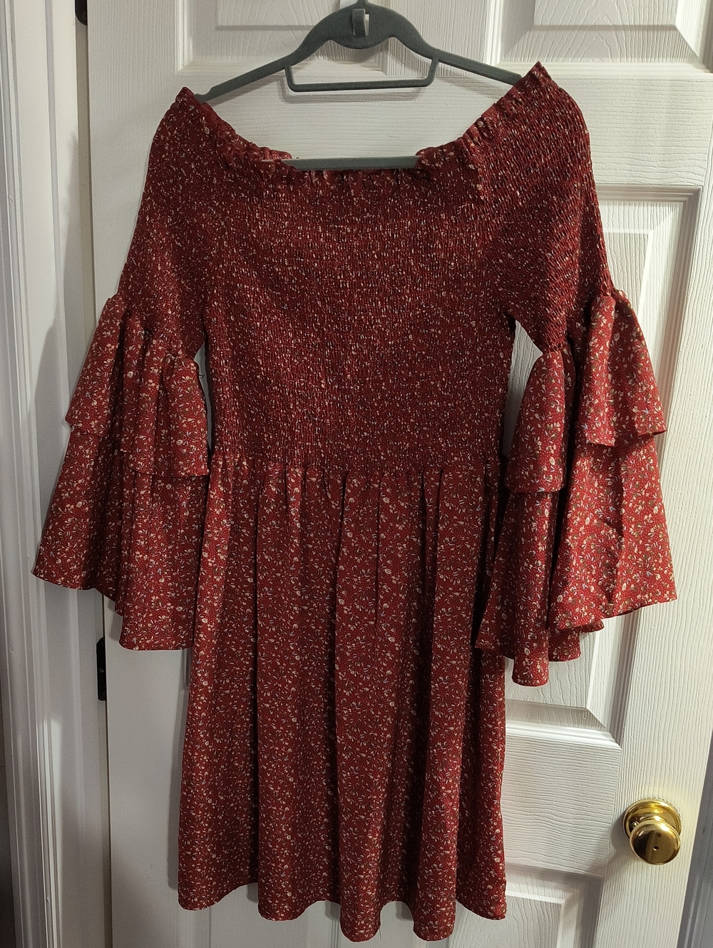 SHEIN Rust Red Floral Smocked Off-Shoulder Dress